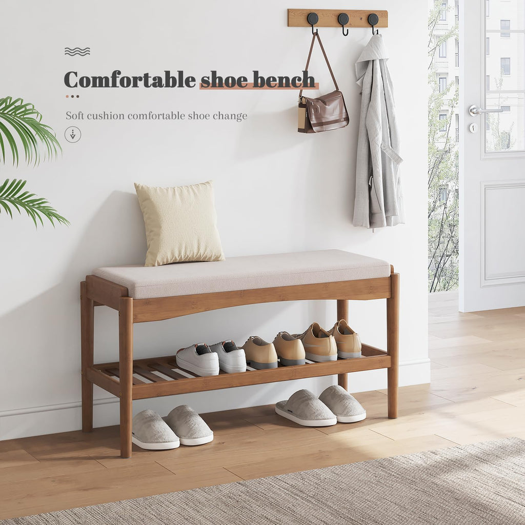Shoe Bench Entryway Bamboo 2-Tier Shoe Rack with Cushion Padded Seat Shoe Bench Organizer Stable for Entry, Hallway