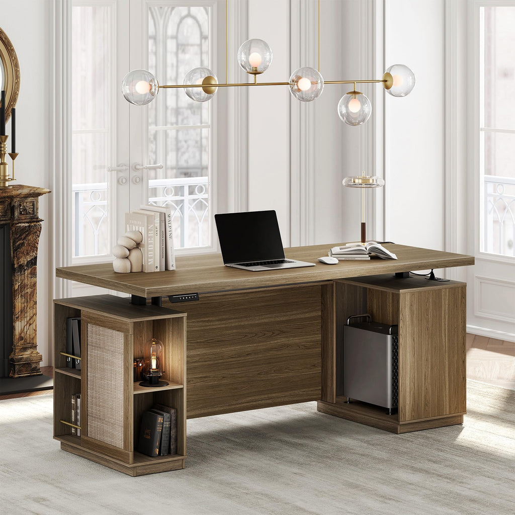70" Standing Desk with Storage, Executive Electric Height Adjustable Stand Up Desk with AC/USB, Privacy Panel, Large