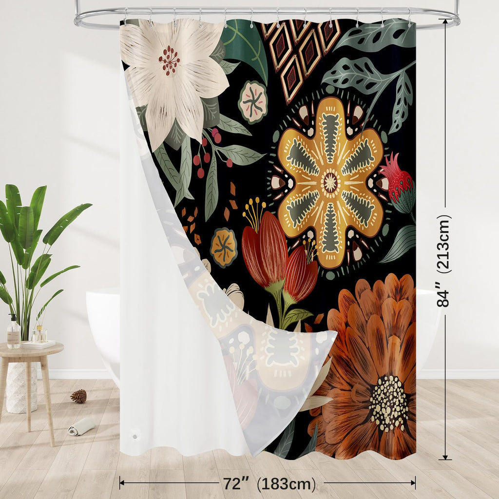 3 in 1 Boho Floral Shower Curtain Set with PEVA Liner & 12 Hooks, 72 x 84