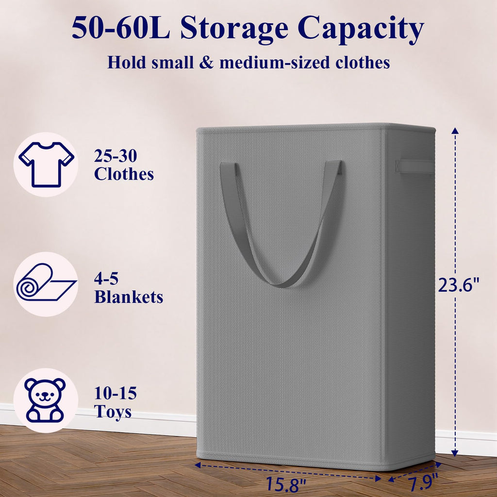 50L Slim Laundry Hamper, Small Laundry Hamper With Handles, Narrow Laundry Basket , Collapsible Laundry Basket, Grey