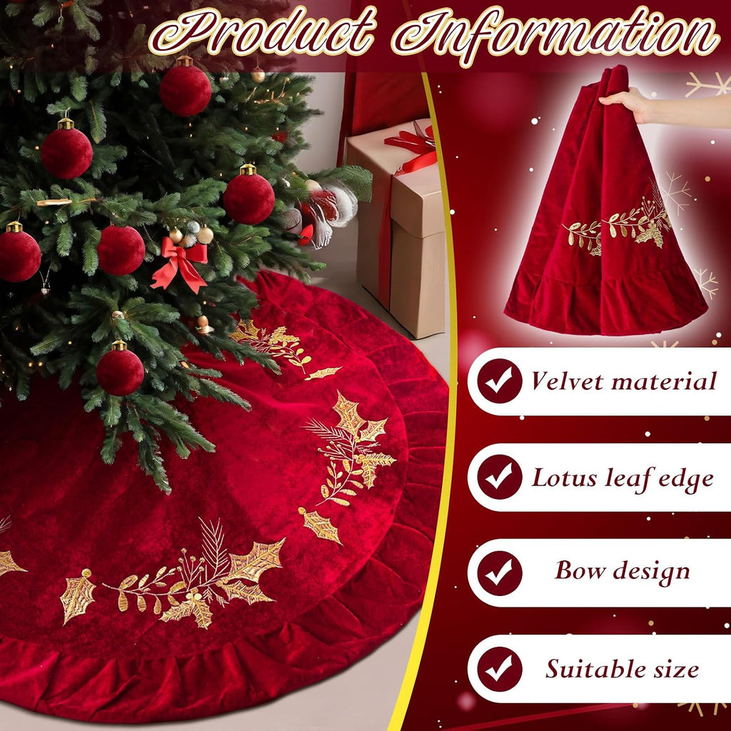 Christmas Tree Skirt, 48 Inches, Gold Embroidered Holly Style, Red