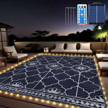 Lighted Outdoor Rug 8x10 ft, Solar Powered Patio Rug with 113 LED Lights, Waterproof Plastic Reversible Outdoor Straw