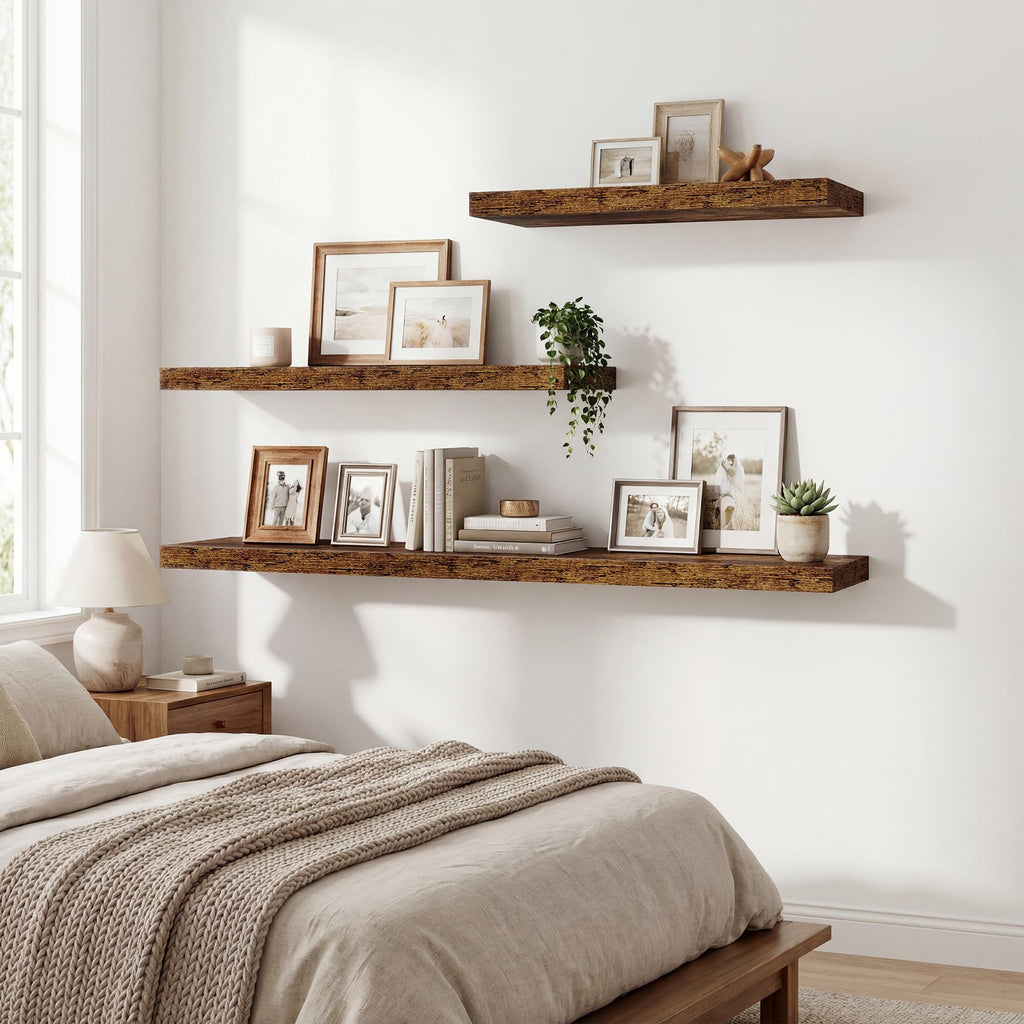 36 Inch Black Floating Shelves for Wall, 9.3" Deep Long Floating Shelf Set of 2, Wood Wall Mounted Shelves Farmhouse