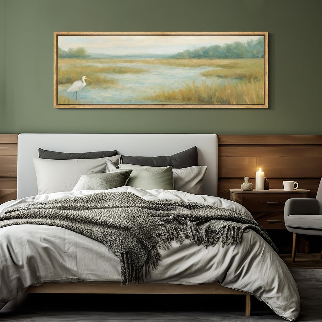 Large Framed Canvas Print Wall Art Coastal Marsh Egret Landscape Tranquil Wetland Illustrations Decorative Multicolor