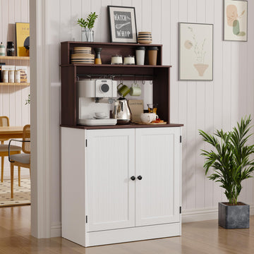 Farmhouse Bar Cabinet with Storage, Coffee Station Cabinet with 5 Hooks, Small Coffee Bar, Antique White