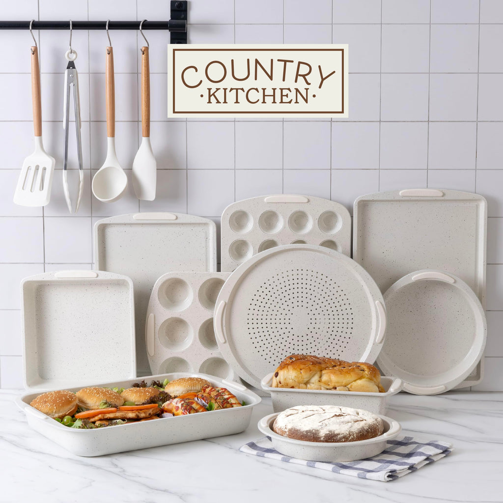 Nonstick Stackable Bakeware Set - Durable, Easy Release Baking Set, Cream, 14 Pcs
