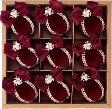 Velvet Christmas Balls Ornaments 2.4" with Pearl Bow, Burgundy Red - Set of 9