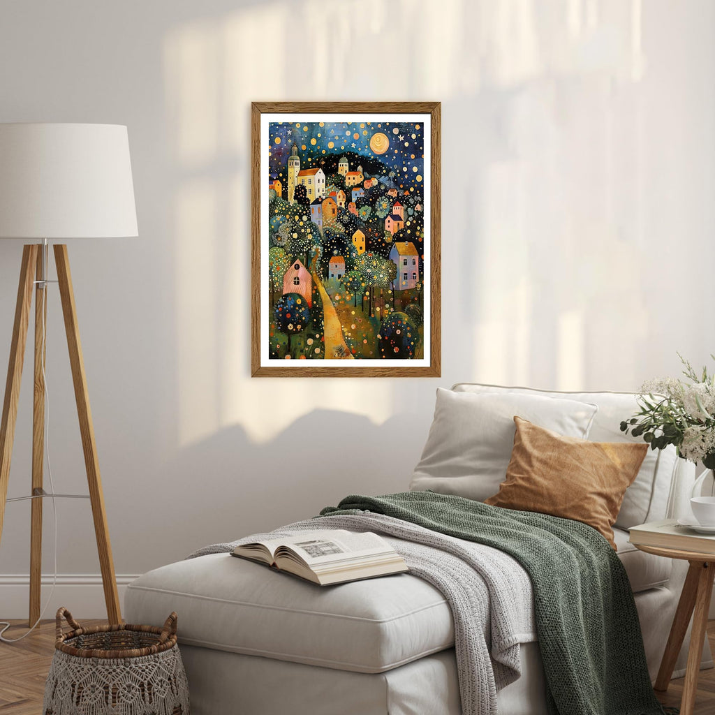 Gustav Klimt Style Village Night Wall Art Framed Canvas 16x24 inch