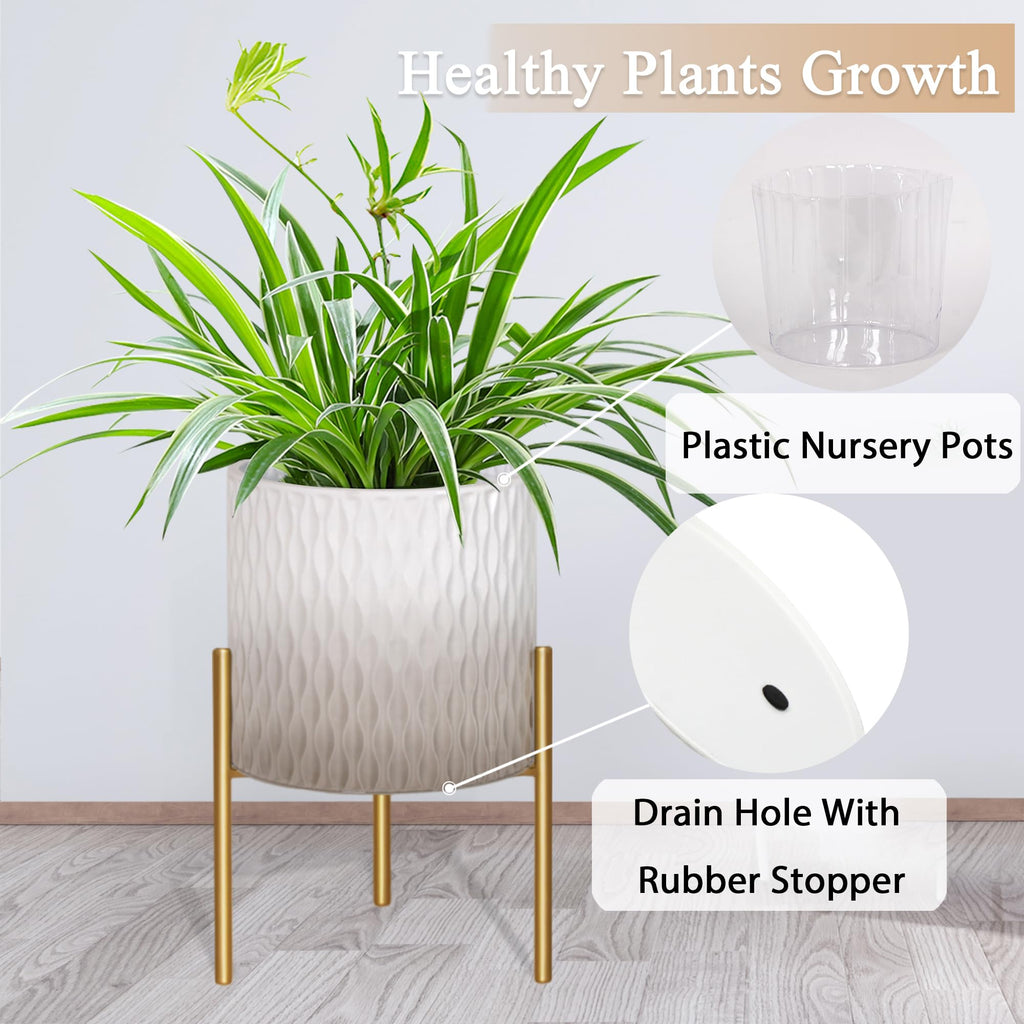 Plants Pots with Stand, Set of 2 Indoor Planter Pots, Unique Mid Century Decorative Metal Flower Pots with