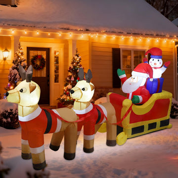 8ft Long Christmas Inflatable Santa Claus & Snowman on Sleigh with Reindeers, Xmas Blow up Yard Decorations with