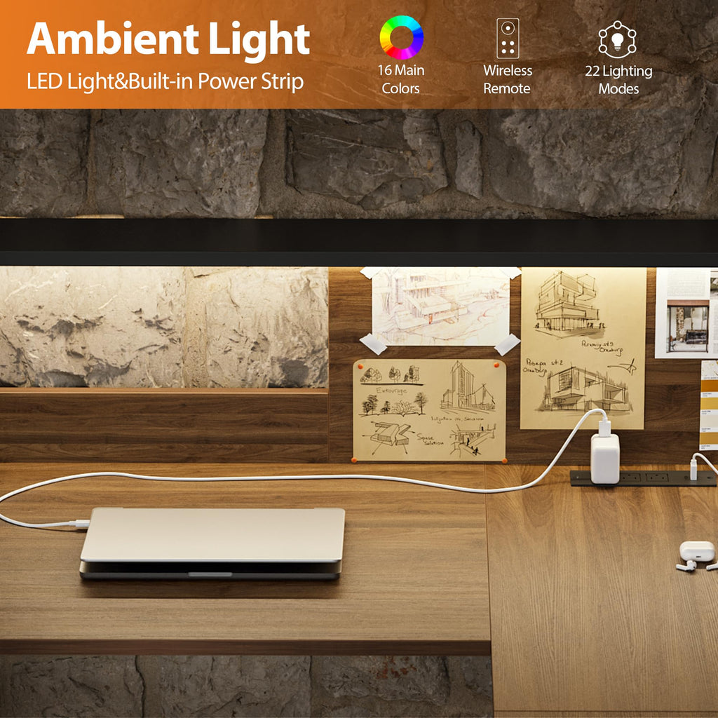 63 Inch L Shaped Electric Standing Desk with Led, Dark Walnut