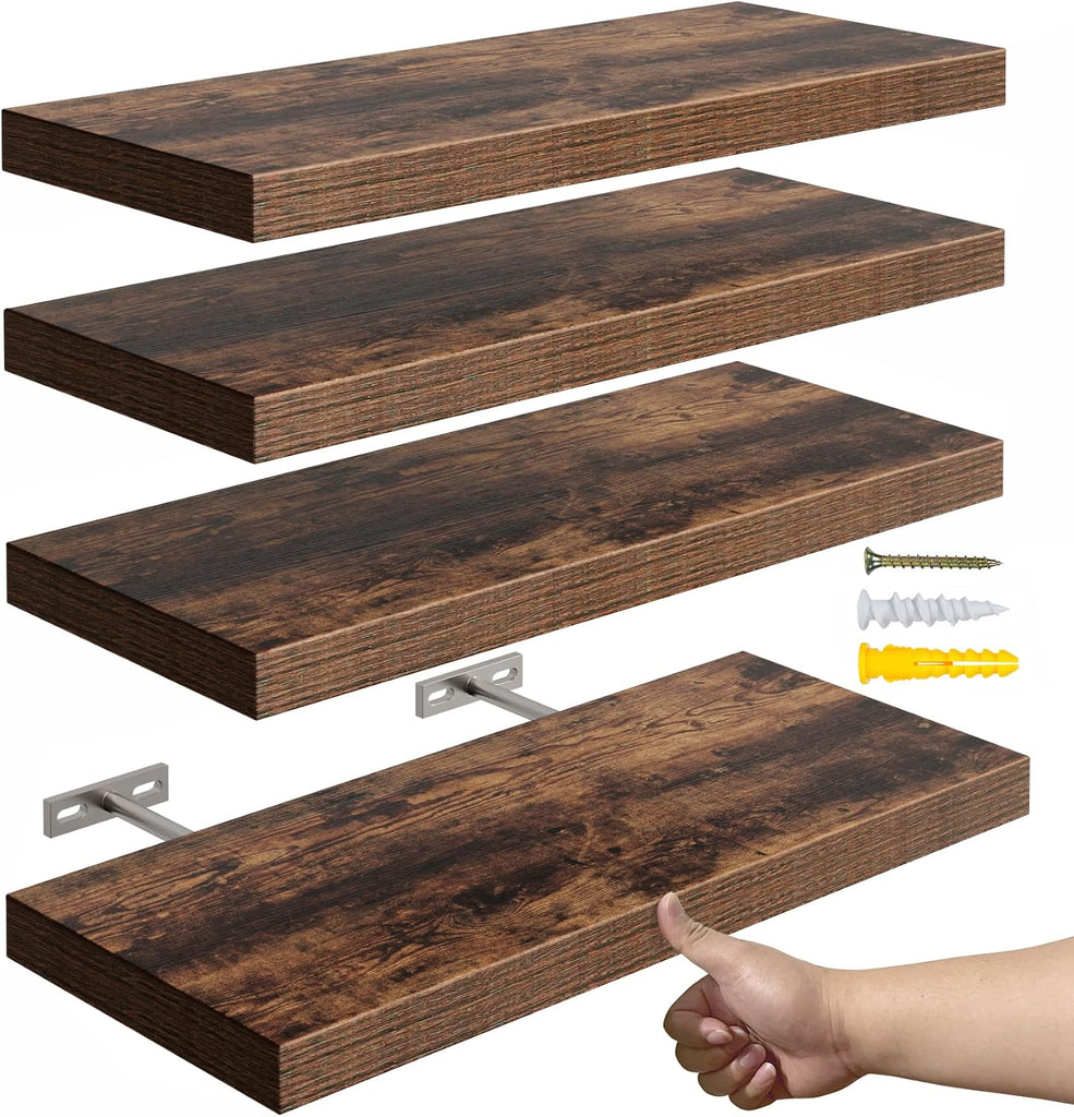 16''Rustic Brown Floating Shelves for Wall Set of 4,Rustic Wood Shelf for Room Decor/Storage/Display,Small