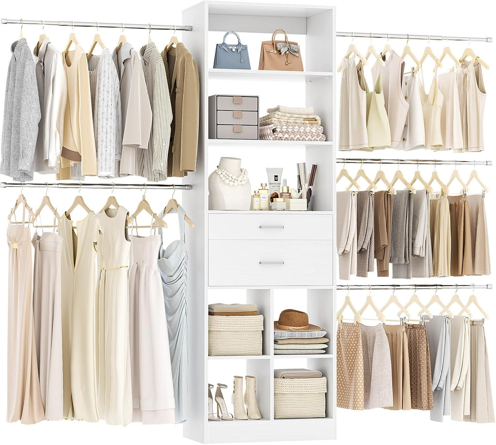 Closet System, 4-8 FT Closet Organizer Tower with 2 Wooden Drawers and 5 Hanging Rods, Can Fit 60 to 96 inch Walk-in