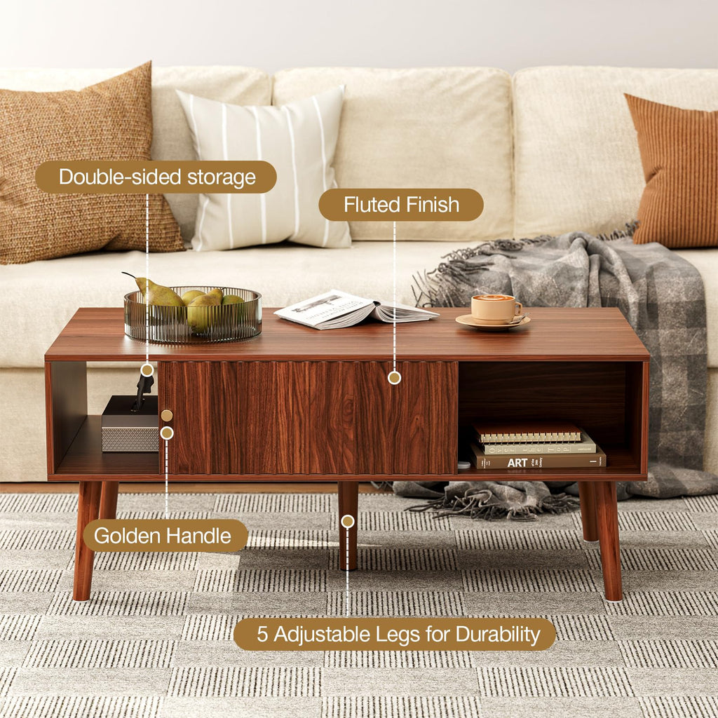 Coffee Table with Fluted Sliding Door, Mid-Century, Walnut