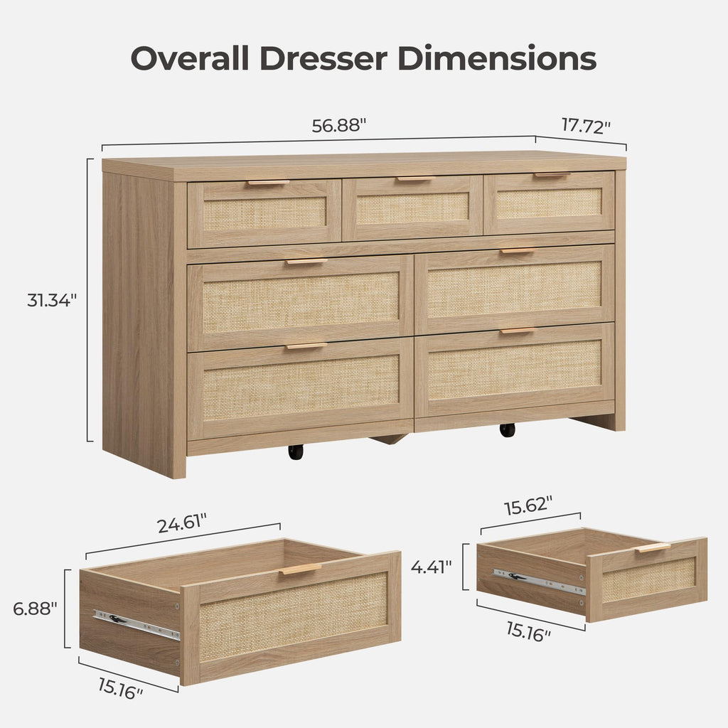 7 Drawer Rattan Dresser, 57" Wide Dresser