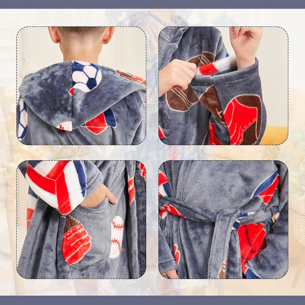 Boys Fleece Robe, Hooded Soft Fuzzy Bathrobe for Kids