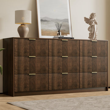 Walnut 9 Drawer Dresser, 63" Wide Fluted Wood Dresser