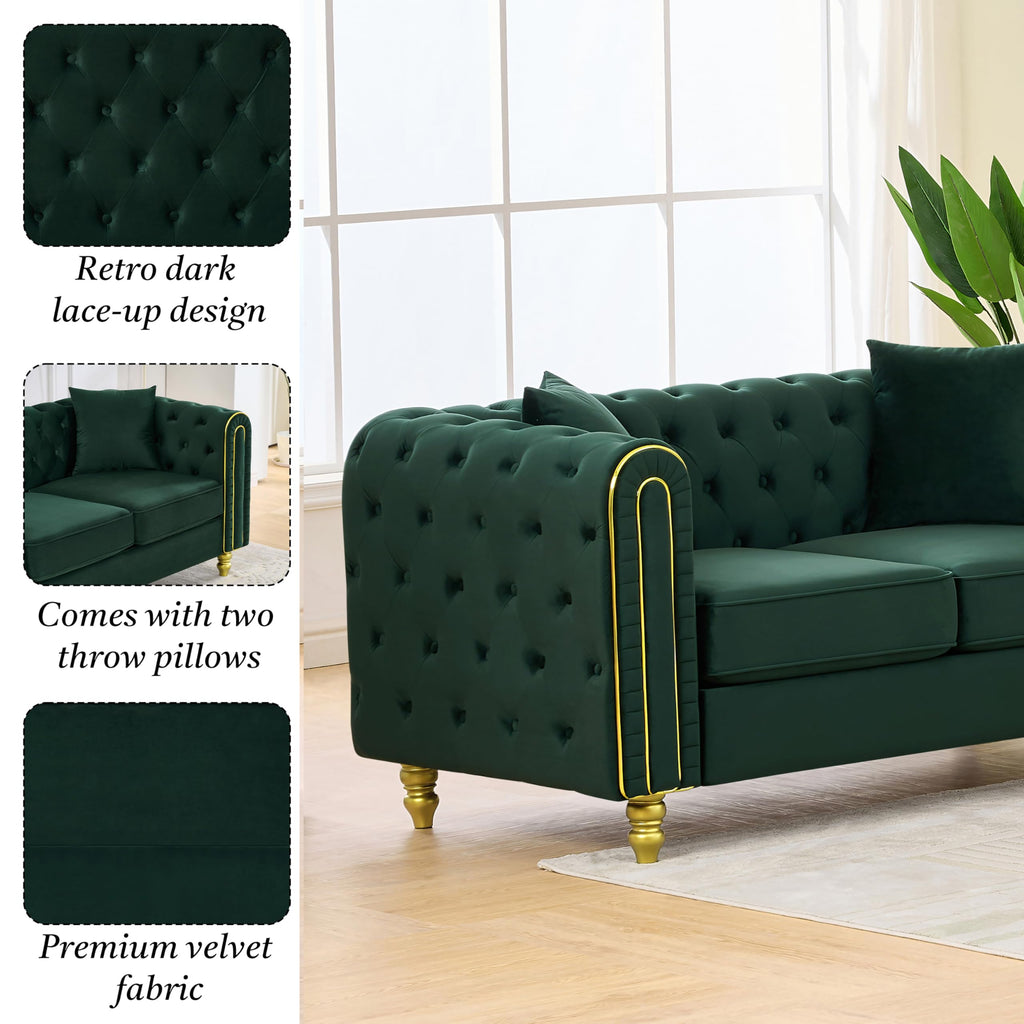 86" Chesterfield 3-Seater Velvet Sofa Couch, Button Tufted Rolled Arms with Gold Piping, Gold Metal Legs, Modern