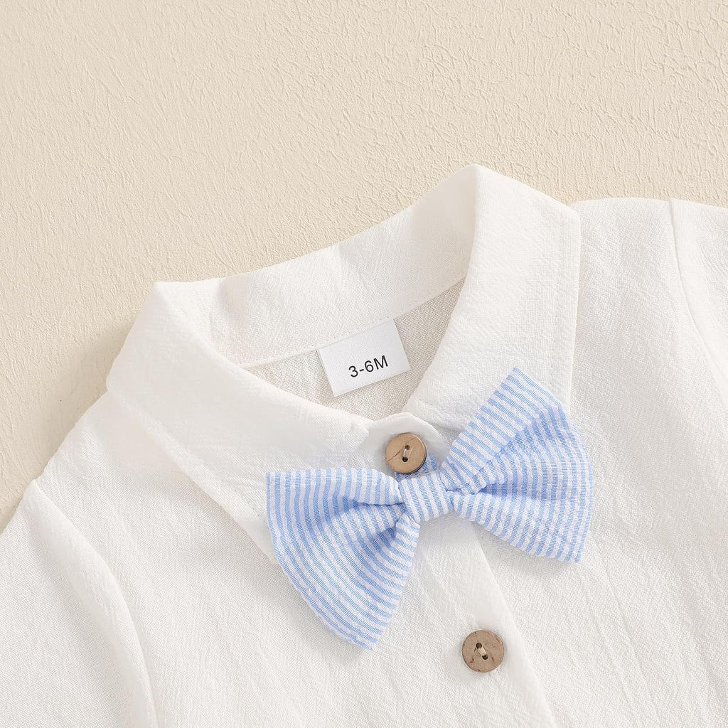 Newbron Baby Boy Summer Outfit Cotton Linen Button Short Sleeve Bowtie Shirt Romper Suspender Shorts Set