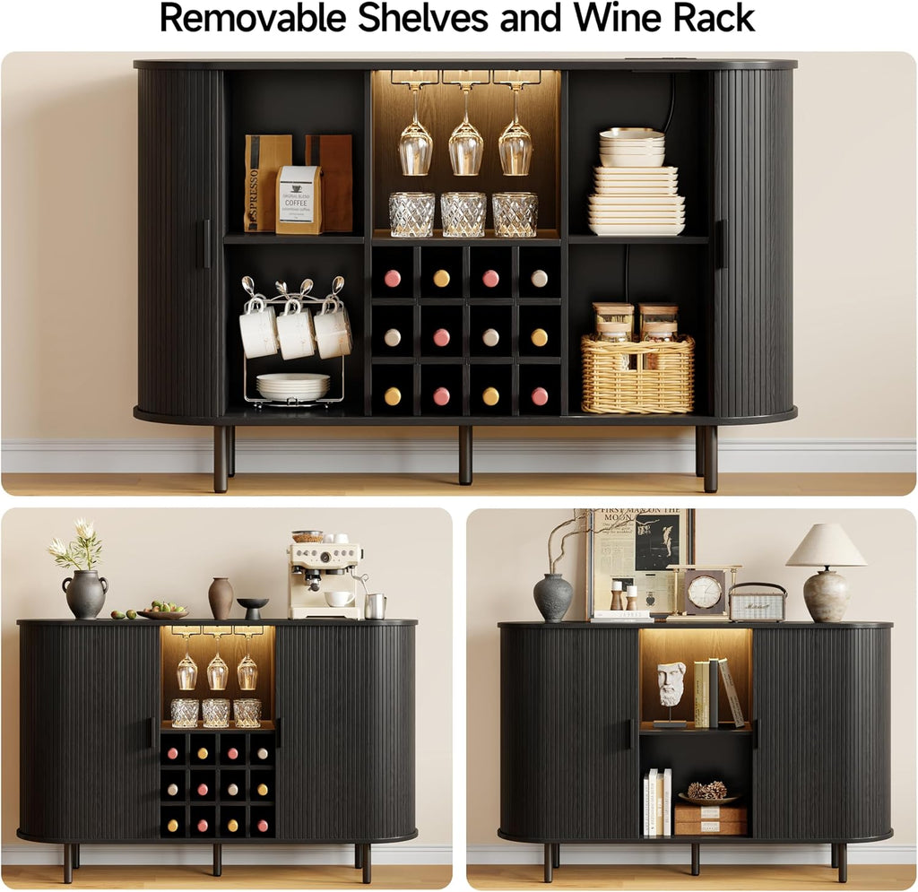 55" Wine Bar Cabinet with LED Light & Power Outlet, Black | Modern Flute Liquor Coffee Station with Wine Rack, Glass
