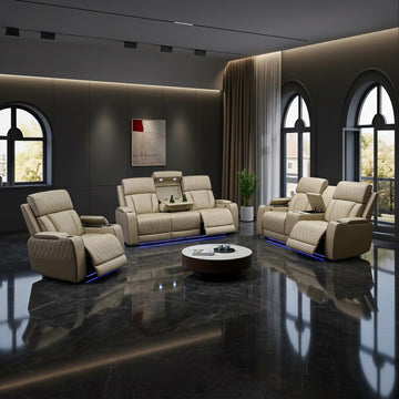 3-Piece Power Recliner Set with LED Lights, Quilted Air Leather Recliner Sofa with USB Port/Storage/Cup Holder/Reader