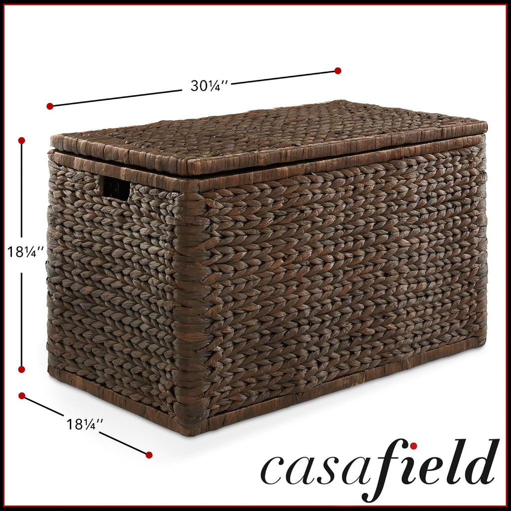 30" Storage Chest with Lid, Handles, Safety Hinge - Espresso Dark Brown, Hyacinth Wicker Storage Trunk for Entry Way