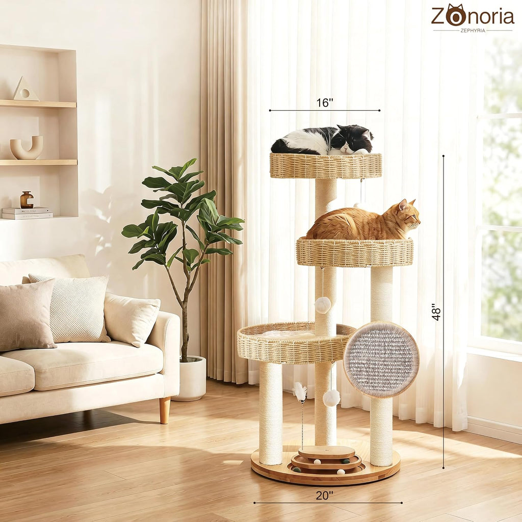 Cat Tree Tower for Large Cats, 48-Inch Solid Wood Cat Condo