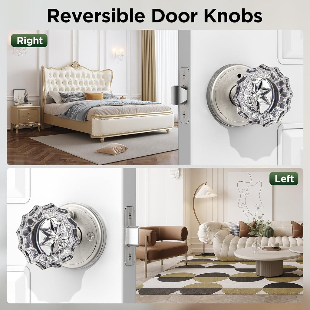 1 Pack Crystal Door Knob, Rosette Shaped Glass Door Knobs Interior with Lock, Satin Nickel Door Knobs Interior Glass