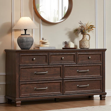 Farmhouse 7 Drawer Dresser , Walnut | 54" Wide Horizontal Dressers & Chests of Drawers with Reinforced Top & Square