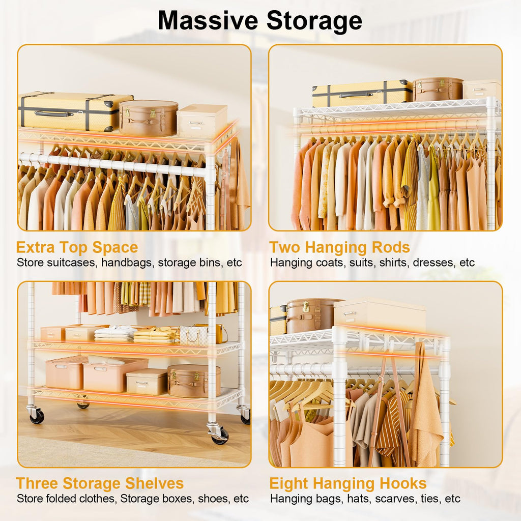 P7 Rolling Clothes Rack, Clothing Racks for Hanging Clothes, White