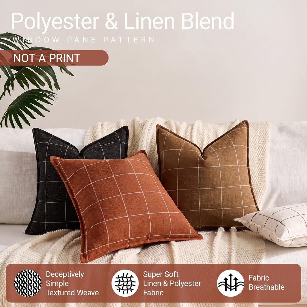 Terracotta Rust Plaid Boho Linen Woven Throw Pillow Covers 20x20 Set of 2