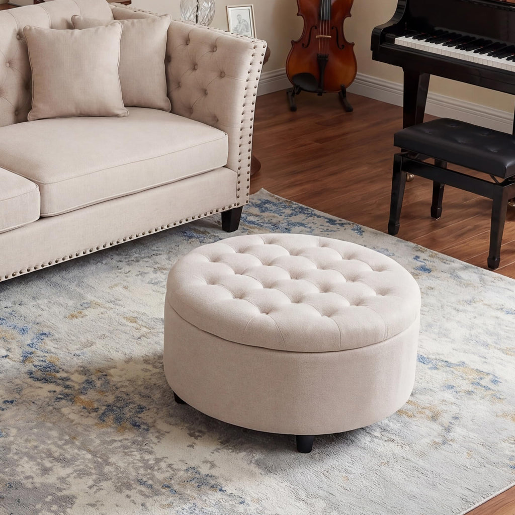 Round Hidden Storage Ottoman with Reversible Tray Lid - Multi-Functional Footrest, Sturdy & Stylish Fabric Coffee