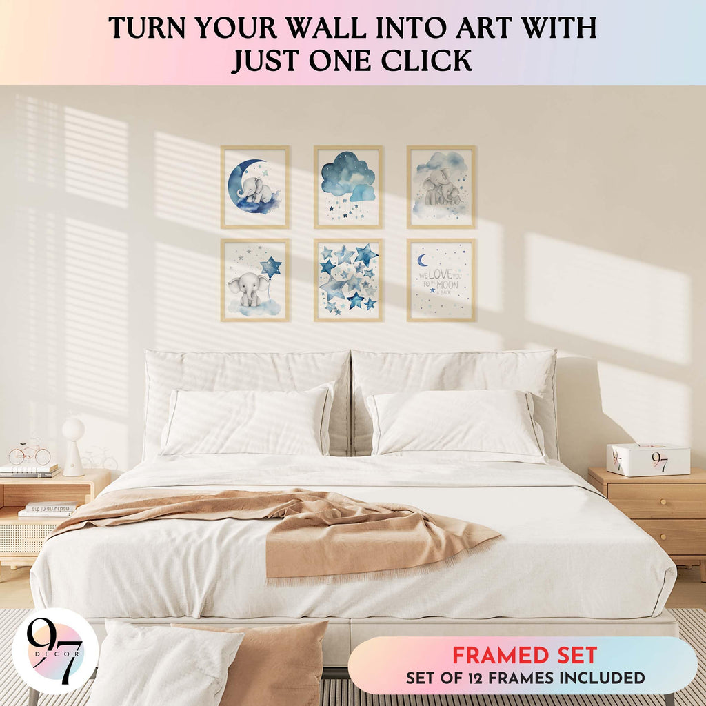 Framed Elephant Nursery Wall Art, 6 Pcs 8x10, Beige Frame