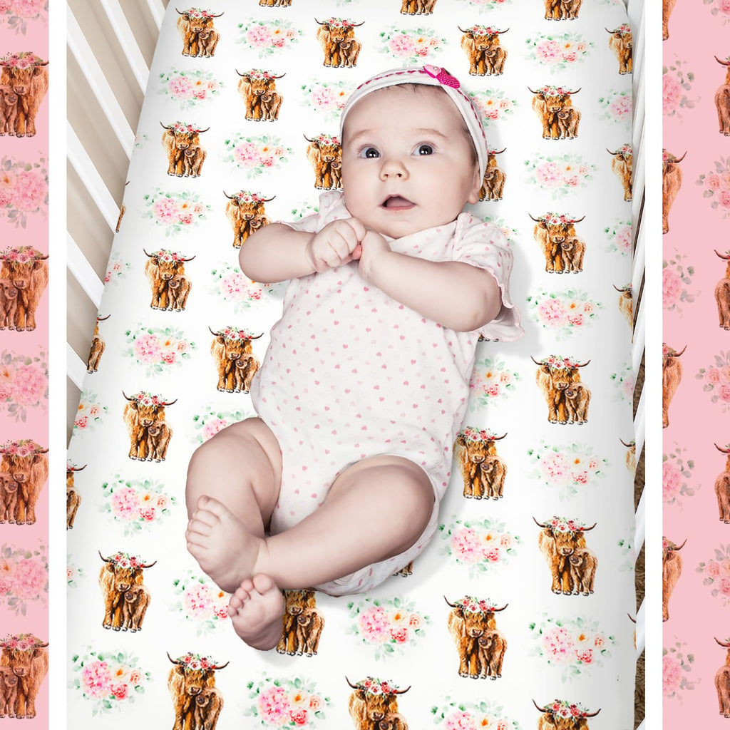 3 Pcs Highland Cow Baby Girl Crib Bedding Set Soft & Thick
