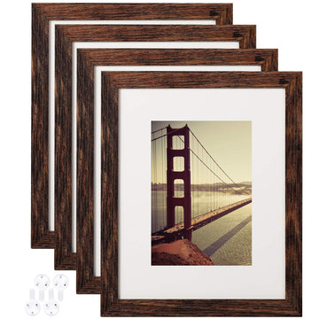 8x10 Picture Frame Rustic Brown Wood Pattern Set of 4 with Tempered Glass, Display Photos 5x7 with Mat or 8x10 Without