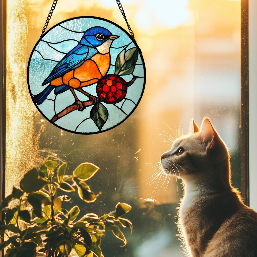 Stained Glass Window Hanging 4 Pcs Set Cardinal Blue Birds 9.8" - Suncatcher Door Garden Decor Birthday Mother's Day