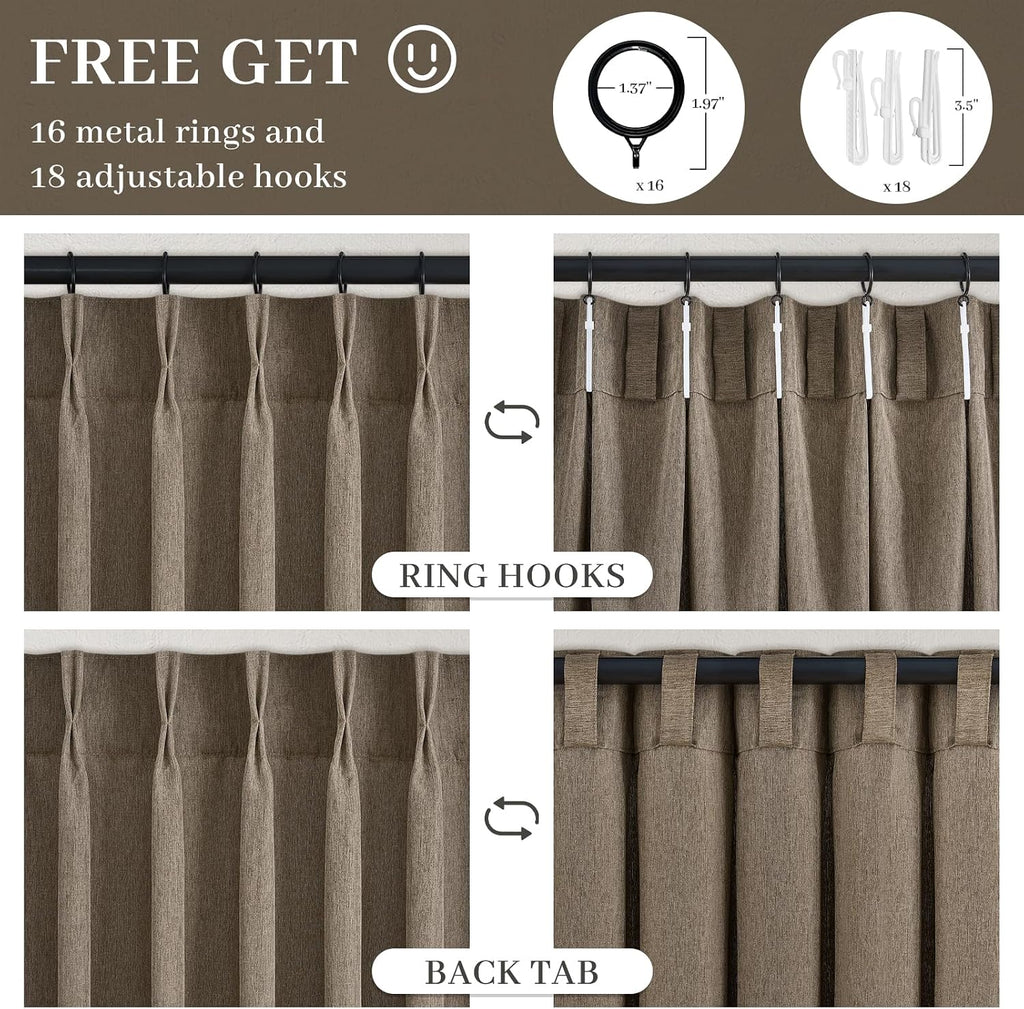 96 Inches Long Pleated Sheer Curtains,Dark Linen Blended Light Filtering Window Curtains 96 Length 2 Panels for