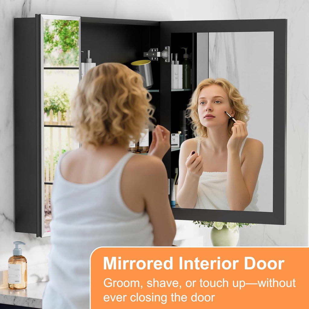 36x30 Inch Medicine Cabinet with Mirror, Aluminum Medicine Cabinet, Black | Beveled Edge Mirror Single Door