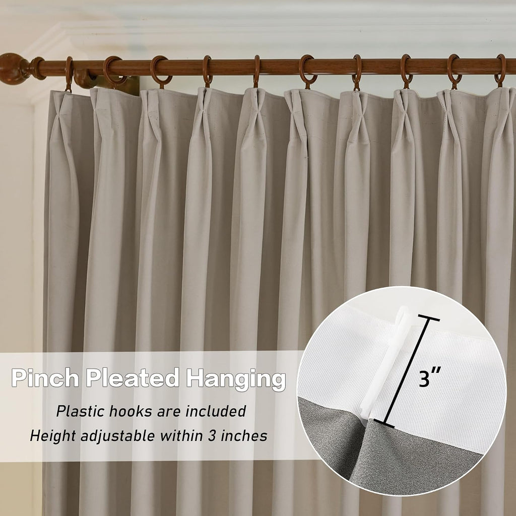 Luxury Velvet Pleated Curtains 108 Inches Long 1 Panel, Camel Beige Pinch Pleated Drapes Panels for Patio Sliding