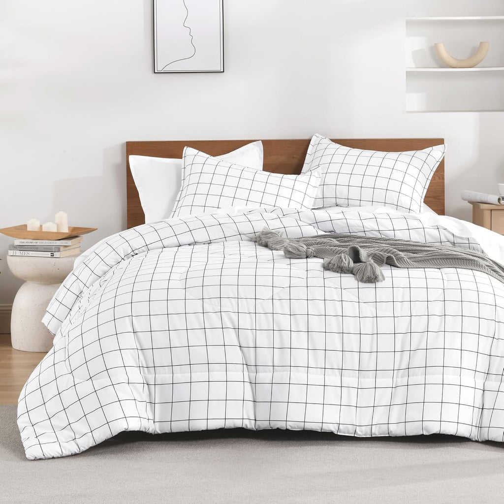 Full Comforter Sets, White Gingham Plaid Grid Checkered Bedding Comforter Set for Teens Boys Girls Kids, 3 Pieces