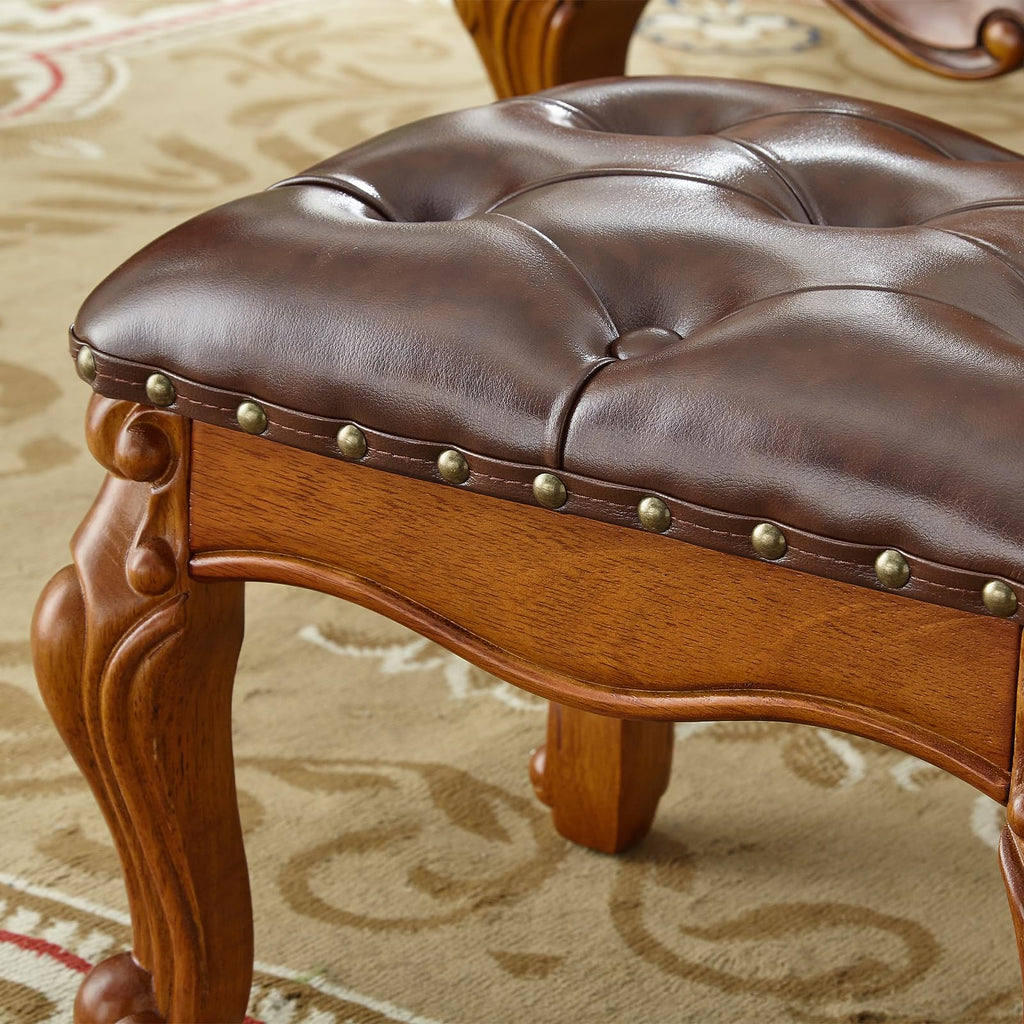 Solid Wood Footstool with Microfiber Leather Seat (Retro Brown)