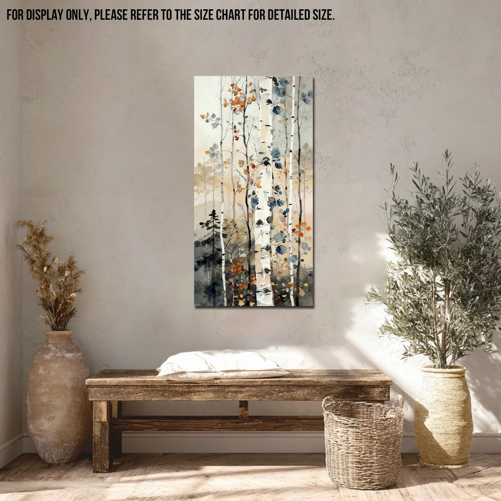 Birch Tree Canvas Wall Art Vertical Forest Watercolor Painting, Modern Nature Canvas Prints, Green Bathroom Decor