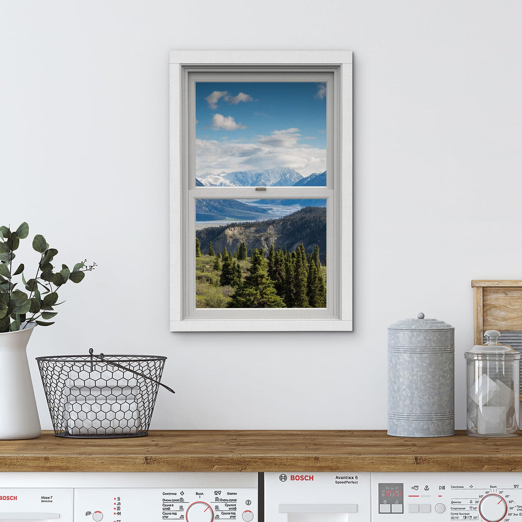 Canvas Print Wall Art Window View Blue Cloud Sky Mountain Range Forest Meadow Nature Wilderness Photography Digital