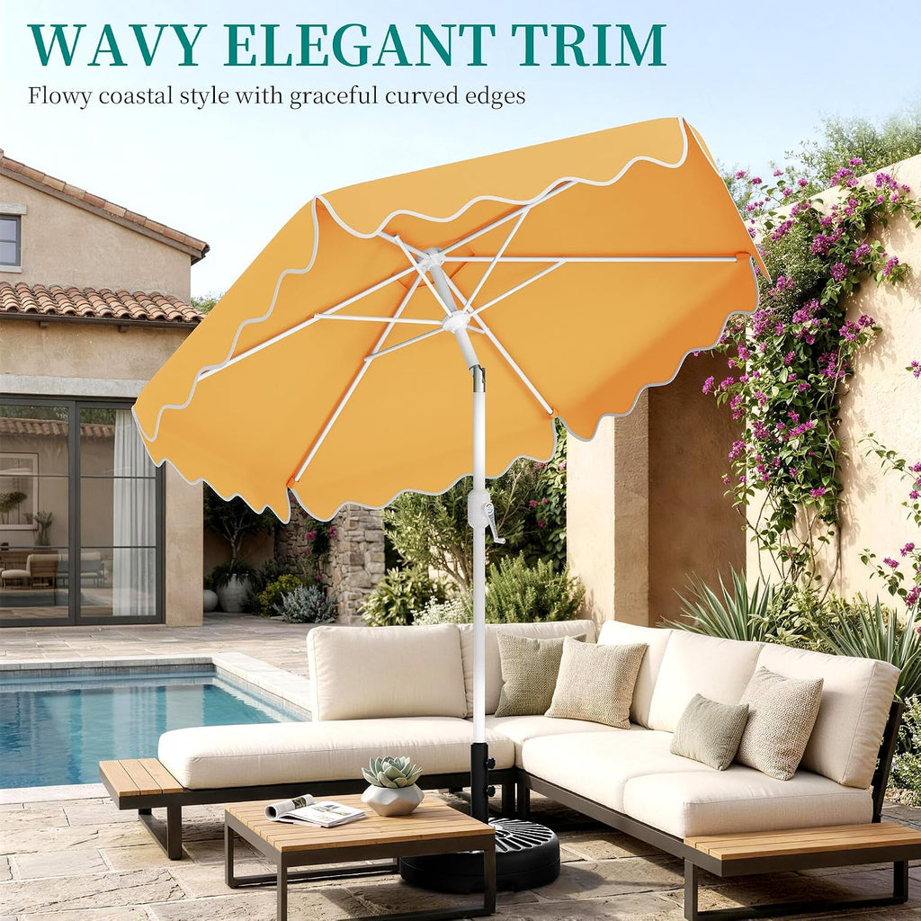 Patio Umbrella with Wavy Trim, UV-Fade-Resistant Canopy, Crank & Tilt - Mustard Yellow 7.5ft