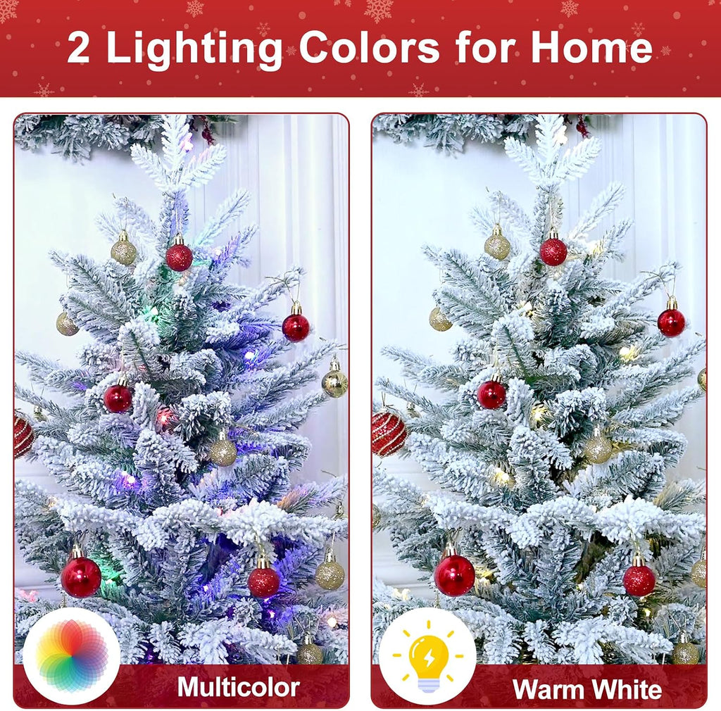 Prelit Flocked Christmas Tree, Artificial Small Christmas Tree with Led Lights, Frosted LED Xmas Tree with Snow