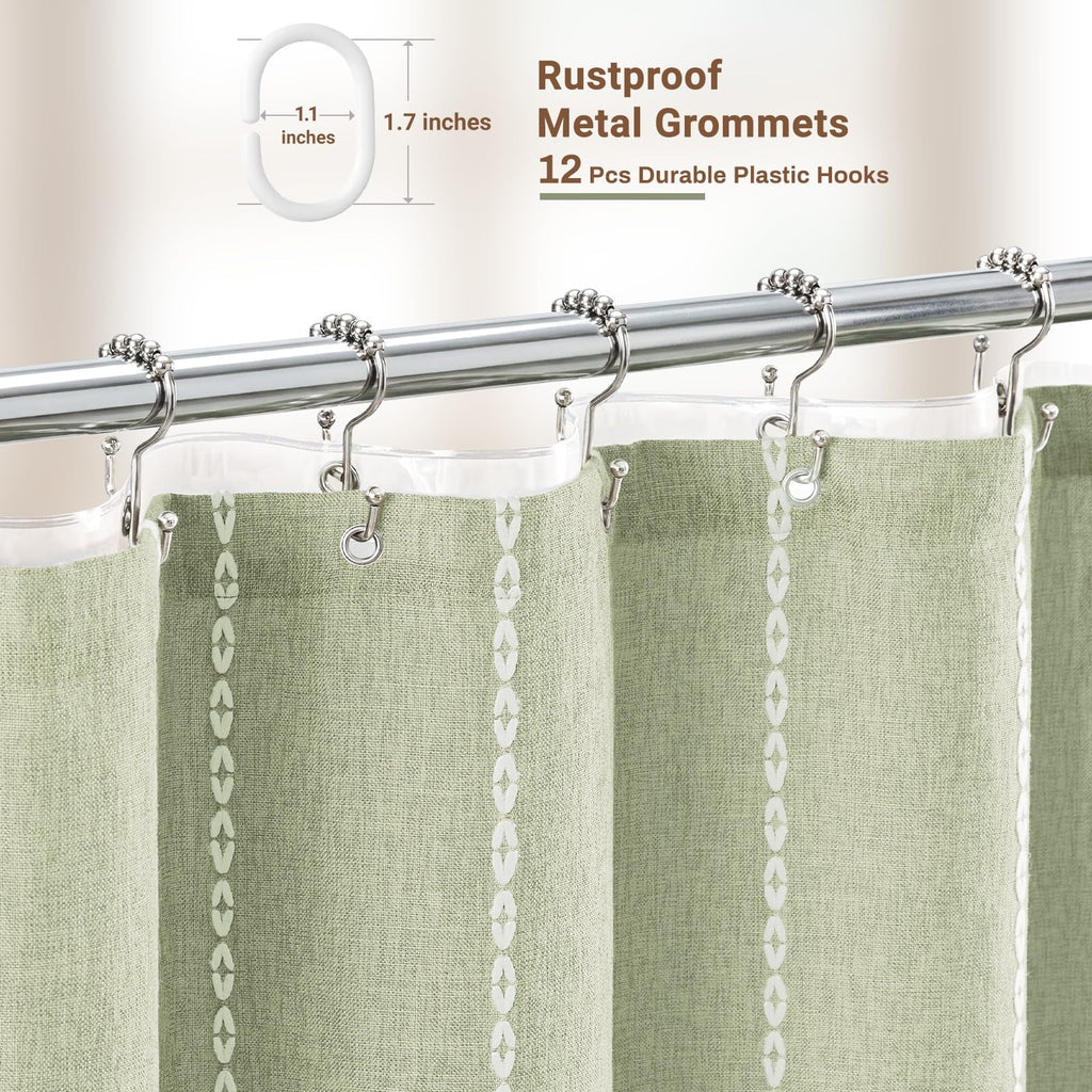 3 in 1 Boho Long Linen Shower Curtain with Liner, Sage Green, 72x78