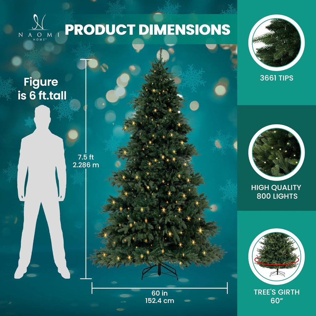 Cynthia 7.5ft Prelit Aritificial Christmas Tree with 3661 Branch Tips, 800 Warm Lights and Metal Stand, 60" Wide