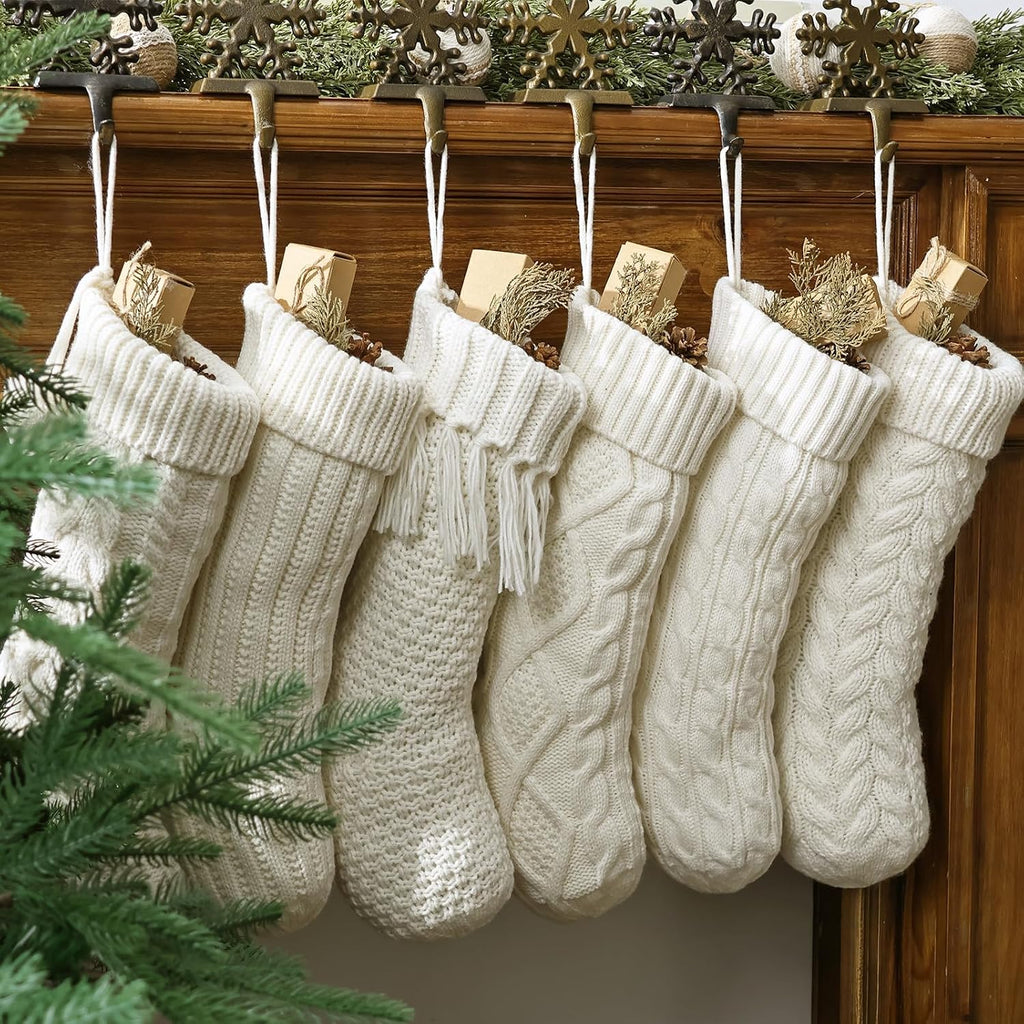 S: 6 Pack 18 Inch Cream White Cable Knit , Rustic Hanging Xmas Stockings Farmhouse Boho Beige Knitted Stockings - Set of 6