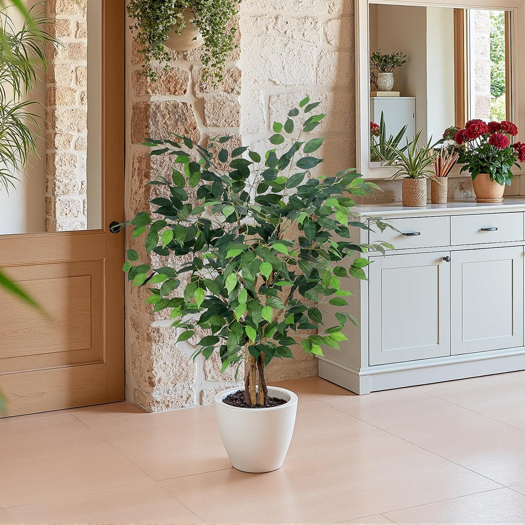 Artificial Ficus Tree 4ft, Artificial Plants Indoor with Realistic Leaves & Trunk, Fake Plants Living Room Decor.