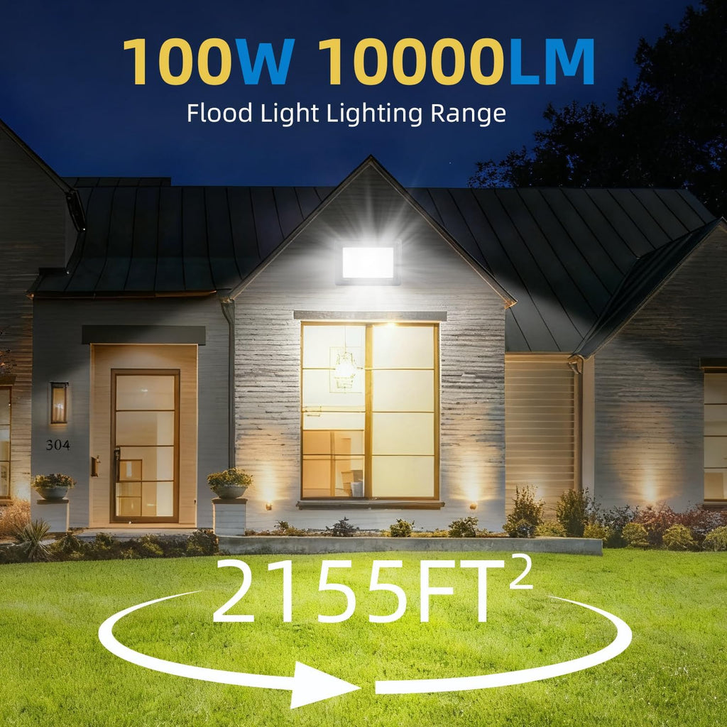 100W LED Flood Lights Outdoor, 2pack 10000lm Bright Plug in Flood Light | 6500k Daylight White Outdoor LED Lights